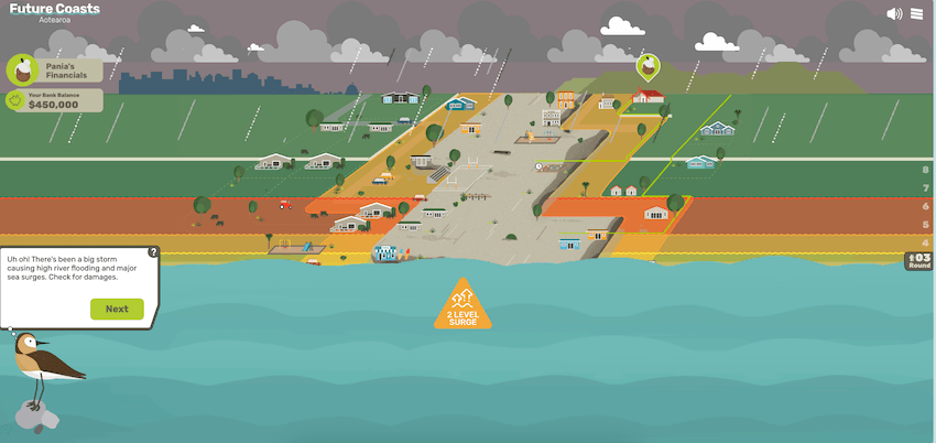 a cartoony image showing red and yellow flood zones and brown flooded water; a flood has happened in the game and characters will now have to deal with it
